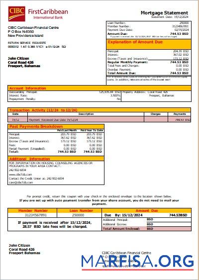 Blank Bahamas CIBC Caribbean Bank bank mortgage statement scr template